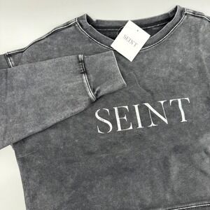 NWT SEINT Womens Gray Acid‎ Wash Crewneck Sweatshirt Size XL